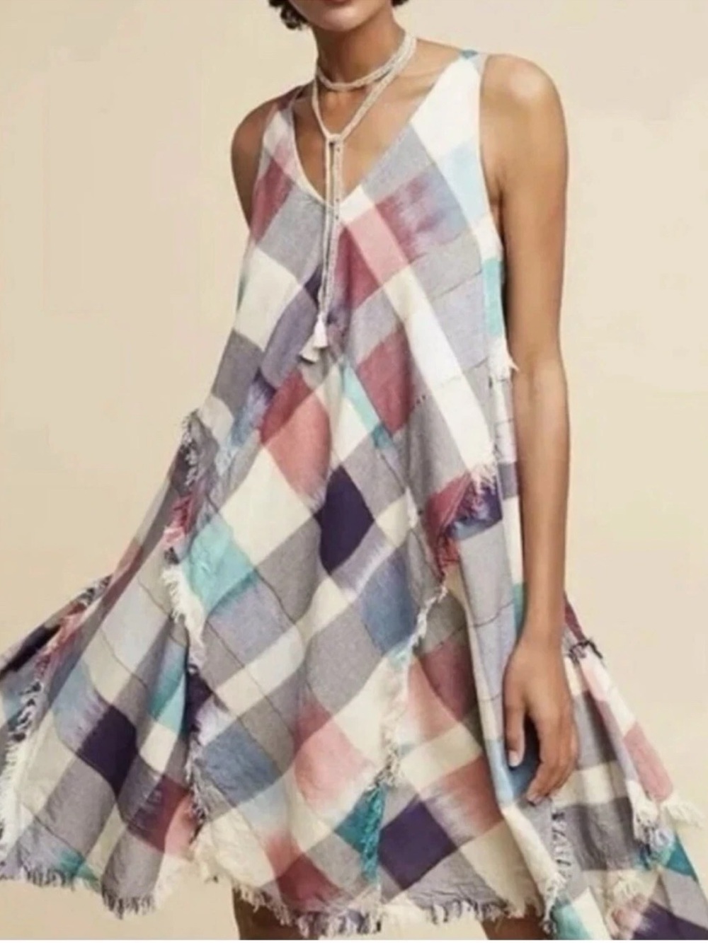 Anthropologie Maeve Plaid Metallic Fringe Sleevless Dress Size Small EUC